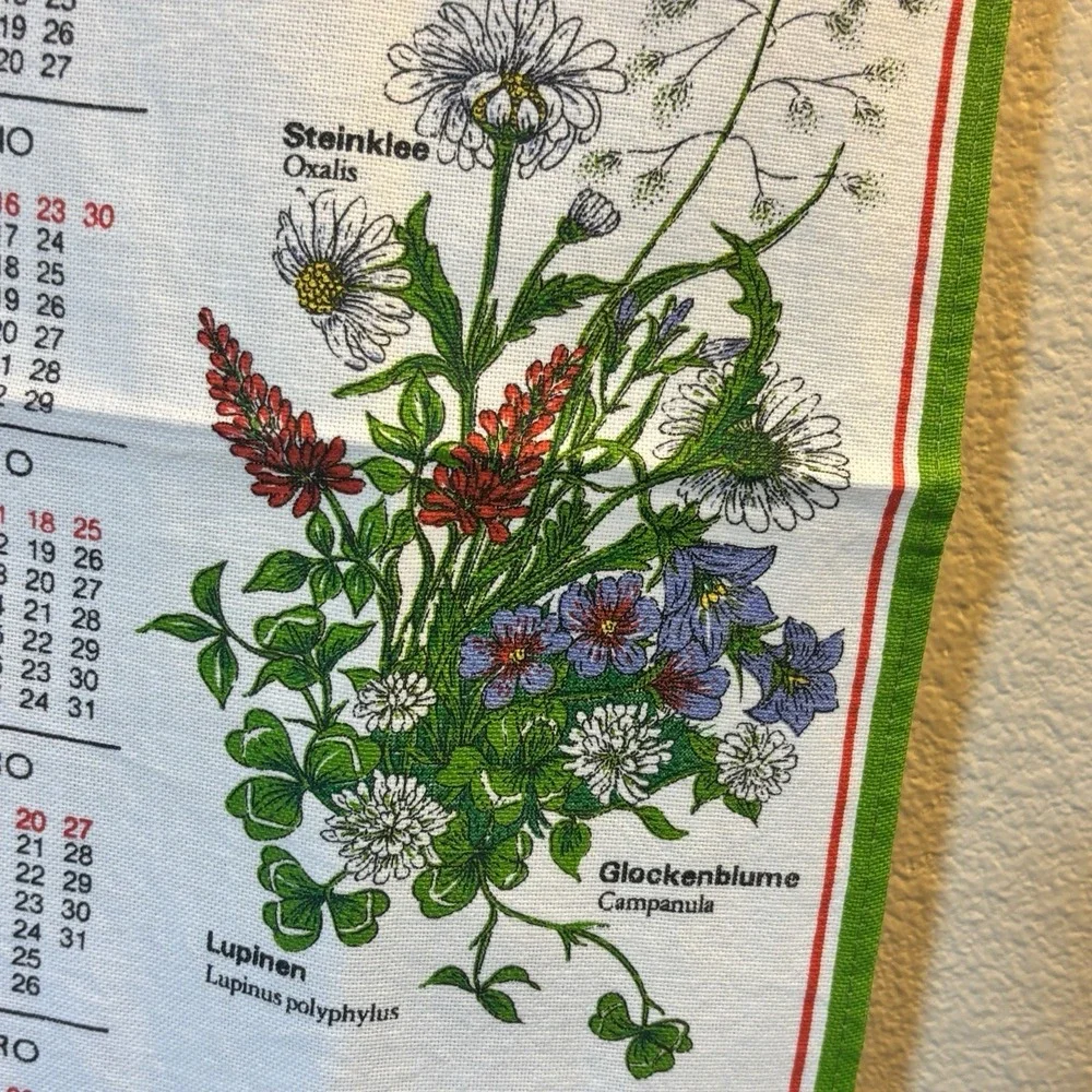 1985 Vintage Portuguese Linen Cloth Calendar Tea Towel Wall Hanging Flowers Rare